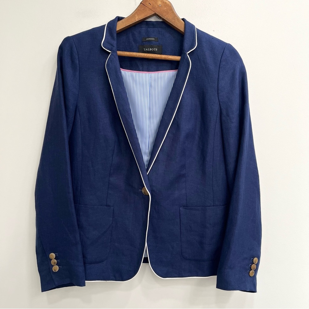 Talbots Aberdeen navy blue 100% linen blazer white piping single button nautical